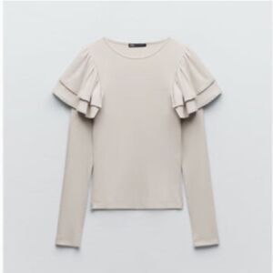 Zara Beige Ribbed long sleeve cropped fitted cotton Blouse with Ruffles